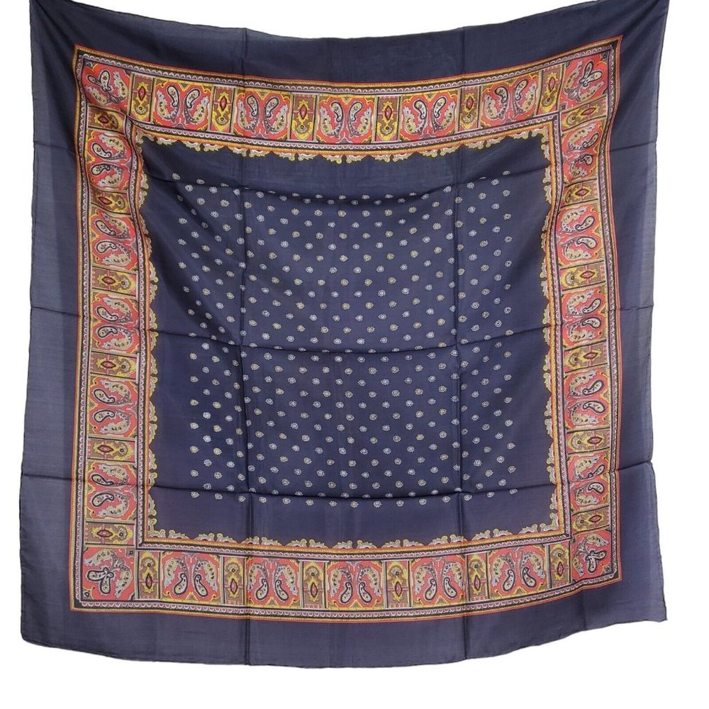 Vintage Silk Scarf Square Navy Blue Paisley Floral 31" Hand Rolled